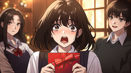 Girl holding a red gift box with a bow during a fun anime themed valentines gift exchange among friends