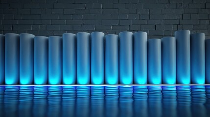 Poster - A sleek, empty stage lit in blue, with a glossy floor, creating a striking contrast against a deep dark backdrop.