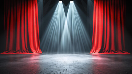 Wall Mural - a captivating empty stage shrouded in fog, with red curtains and spotlights hinting at potential dra