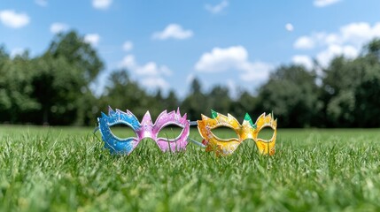 Two carnival masks on grass, sunny park background