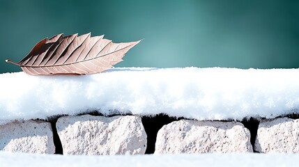 Canvas Print - A single dry leaf resting on a snow-covered stone ledge beside a tranquil blue water backdrop