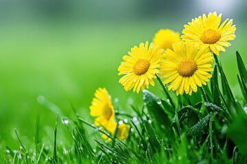 Wall Mural - Bright yellow dandelions blooming in a lush green meadow with fresh morning dew, illuminated by soft sunlight, creating a vibrant and refreshing springtime nature concept
