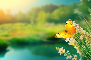 Wall Mural - Vibrant yellow butterfly resting on delicate white flowers near a tranquil pond, surrounded by lush greenery and bathed in warm sunlight, evoking serenity and nature beauty concept