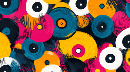 Wall Mural - Seamless pattern of retro vinyl records in vibrant colors creating a classic music-inspired design for art projects. Music-Inspired Art. Illustration