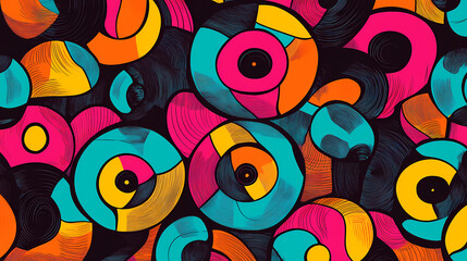Wall Mural - Seamless pattern of retro vinyl records in vibrant colors creating a classic music-inspired design for art projects. Music-Inspired Art. Illustration