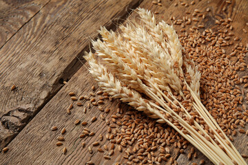 Wall Mural - Wheat ears with grains on wooden background