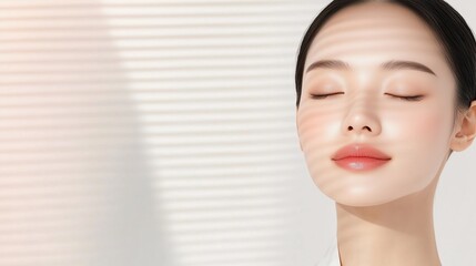 serene skincare moment: a young woman with flawless, radiant skin closes her eyes, enjoying a moment