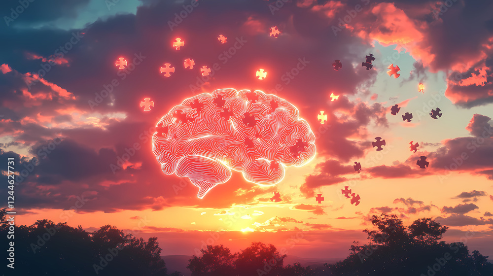 A glowing brain composed of puzzle pieces against a sunset sky, symbolizing the fragmented yet interconnected nature of dream logic during transit.