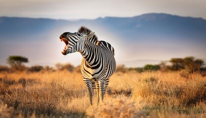 Amusing Zebra Strikes a Grimace While Yawning at a Joke, Showcasing Humorous Interplay in African Savannah with a Warm Sunset