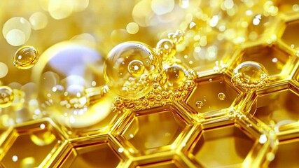 Poster - Golden honeycomb with glowing bubbles and fluid movement