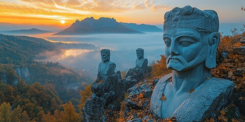 Wall Mural - Majestic Stone Statues Overlooking Misty Mountain Landscape at Sunrise - Scenic Dawn View with Ancient Sculptures, Autumn Foliage, and Calm River