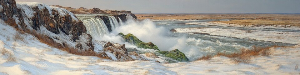 Wall Mural - Magnificent Icelandic Waterfall in Winter: Snowy Landscape, Powerful Cascades, Turquoise Waters, Stunning Ice Formations, Majestic Nature Scene, Frozen River