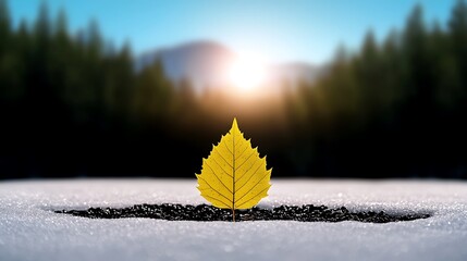 Wall Mural - A vibrant yellow leaf emerging from snow, with a sunrise illuminating distant mountains and trees