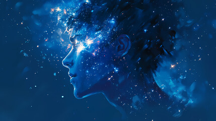 Wall Mural - A digital artwork of a human profile, seemingly composed of stars and nebulae, depicting a cosmic theme with a deep blue space background. Astral Projection Themes. Illustration