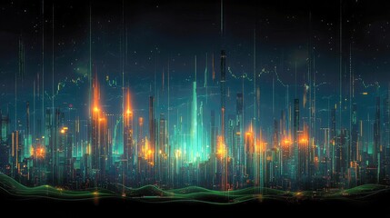 Wall Mural - futuristic city at night: a digital metropolis skyline, glowing with neon lights and dynamic archite