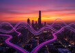 © IbragimovN - Vibrant cityscape with dynamic light trails and stunning sunset skyline