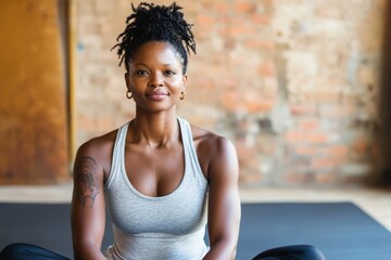 Wall Mural - Woman with a tattoo on her arm is sitting on a mat