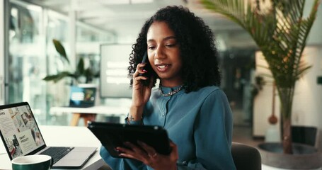 Poster - Phone call, smile and woman with tablet, creative and schedule for interview, newsroom and talking. Morning, journalist and discussion with source for story, contact and person with mobile and office