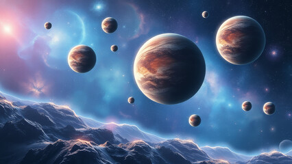 Wall Mural - alien planets and icy mountains in the cosmos background