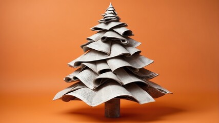 Wall Mural - Christmas tree made of newspaper on soft orange background