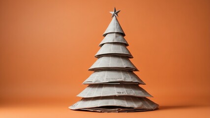 Wall Mural - christmas tree made of newspaper on soft orange background