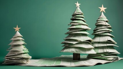 Wall Mural - Christmas tree made of newspaper on soft green background