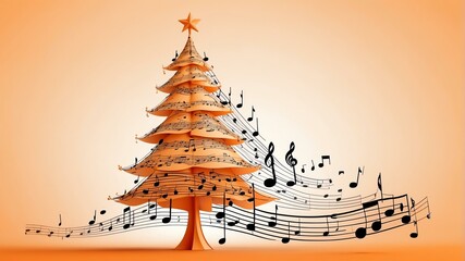 Wall Mural - christmas tree made of musical score on soft orange background