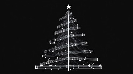Wall Mural - christmas tree made of musical score on soft black background