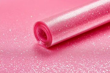 Wall Mural - pink roll of glittery material is on a pink background