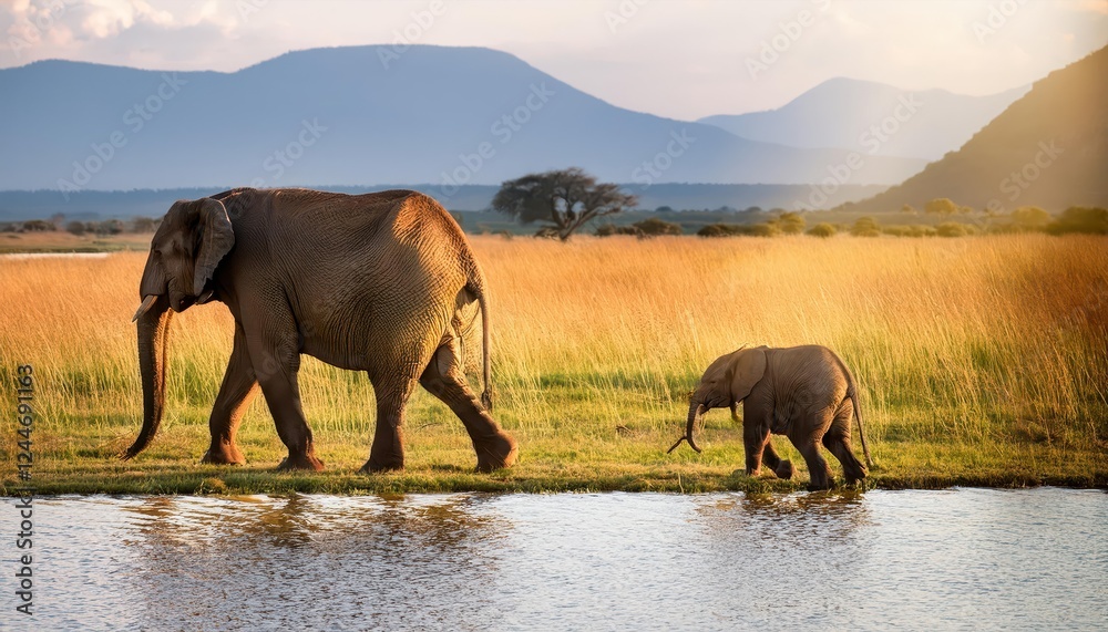 Nurturing Moments A Mother Elephant and Her Calf Wander through a ...