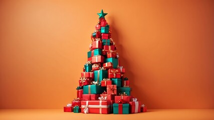 Wall Mural - christmas tree made of gifts on soft orange background
