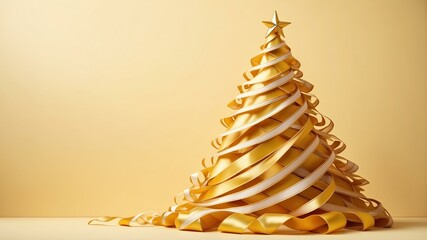 Wall Mural - christmas tree made of ribbons on soft yellow background