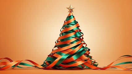 Wall Mural - christmas tree made of ribbons on soft orange background