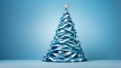 Wall Mural - christmas tree made of ribbons on soft blue background