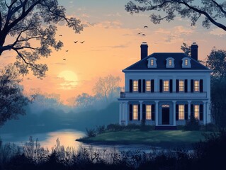 Wall Mural - A Charming Colonial-Style House Amidst a Serene Landscape at Sunset, Surrounded by a Calm Lake and Silhouetted Trees, Capturing Nature's Beauty