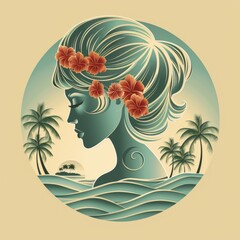 Wall Mural - A captivating logo showcases a woman's silhouette adorned with flowers, set against a serene beach scene with palm trees and gentle waves, embodying the essence of travel and nature.