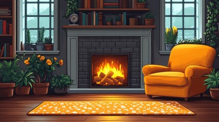 Wall Mural - Warm and Cozy Living Room with Fireplace, Greenery, and Orange Armchair Illuminated by Natural Light through Large Windows on a Calm Day