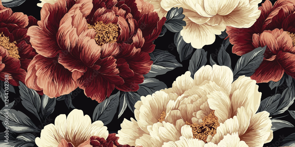 Vetor Vector seamless pattern with vintage beige and burgundy peonies ...