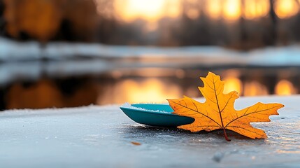 Canvas Print - Autumn leaf resting on a blue plate by a frozen lake at sunset, serene nature scene