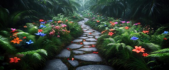 Canvas Print - Enchanted Stone Path Through Lush Garden with Vibrant Flowers