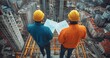 © Anusa - Construction Workers Reviewing Building Plans Atop Steel Frames with City Skyline