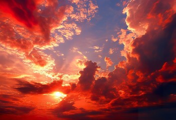 Wall Mural - Fiery Sunset Sky Dramatic Red Clouds, Burning Orange Hues, Golden Sun