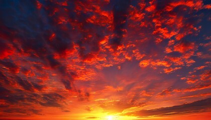 Wall Mural - Fiery Sunset Sky Dramatic Red Clouds, Burning Orange Hues, Golden Sun