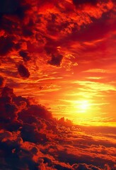 Wall Mural - Fiery Sunset Sky Dramatic Red Clouds, Burning Orange Hues, Golden Sun