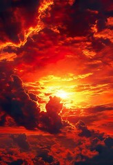 Wall Mural - Fiery Sunset Sky Dramatic Red Clouds, Burning Orange Hues, Golden Sun