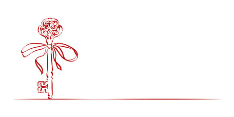 Poster - Coquette key with ribbon bow of hand drawn line art style. Simple crayon and sketch symbol for Valentine day and invitations templates. Doodle vector illustration