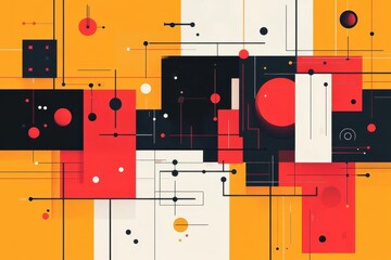 Wall Mural - Geometric abstract composition with vibrant rectangles, circles, and lines in red, black, white, and yellow on a modern artistic digital canvas