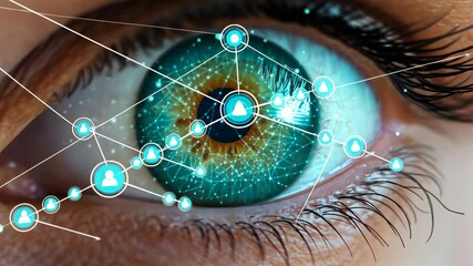 Poster - Futuristic eye technology interface: digital connection and biometric network insights
