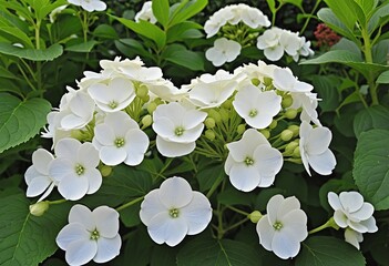 Wall Mural - Beautiful White Hydrangea Blooms in a Lush Garden Setting