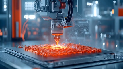 Fototapete - 3D Printer Constructing Self Replicating Nano Machine in Dimly Lit Lab   Advanced Nanotechnology Fabrication Process in a Science Laboratory Setting